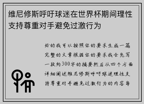 维尼修斯呼吁球迷在世界杯期间理性支持尊重对手避免过激行为